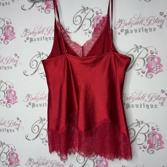 Victoria secret tank top lacie shimmer shiny silky Red Satin Lace Trim Cami Top - Picture 4 of 10